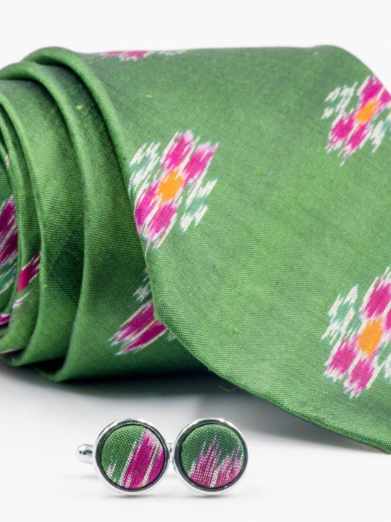 Sap Green Ikat Tie and Cufflink Set