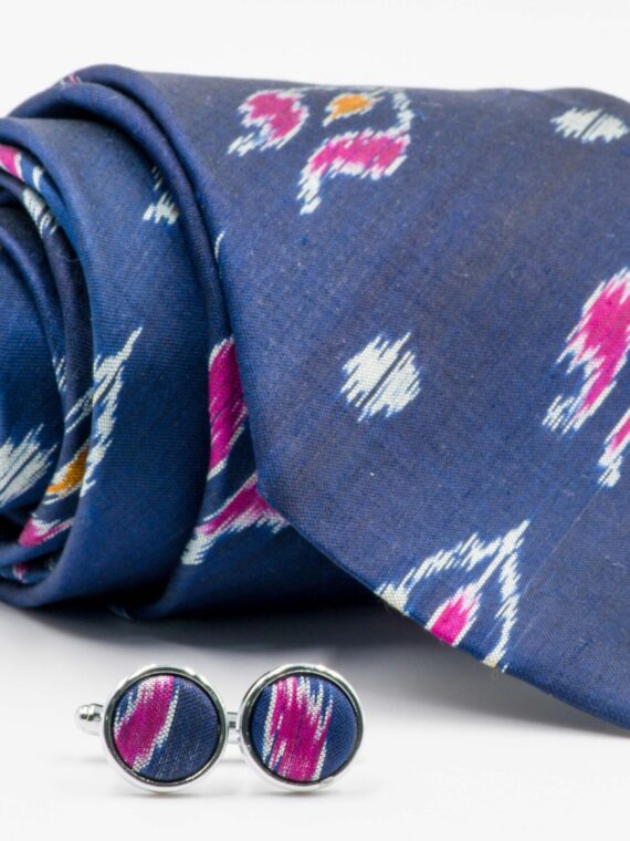 Navy Blue Ikat Tie and Cufflink Set