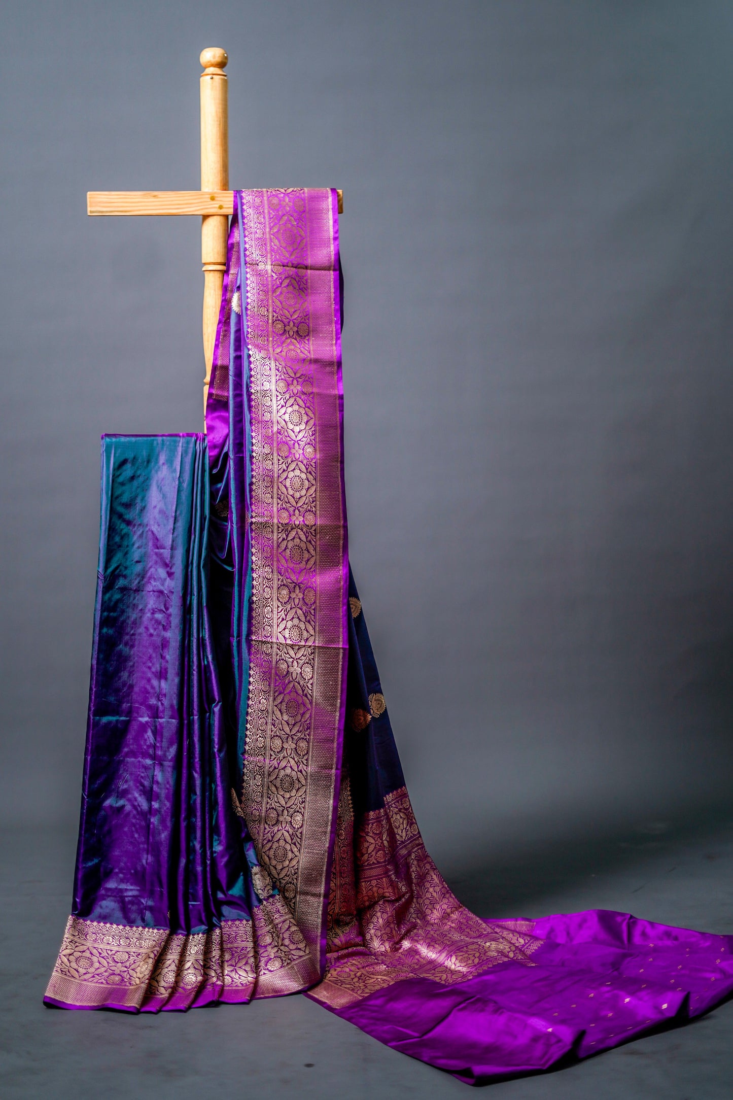 Katan Banarsi (Elegant blend of deep purple and black with golden zari detailing)