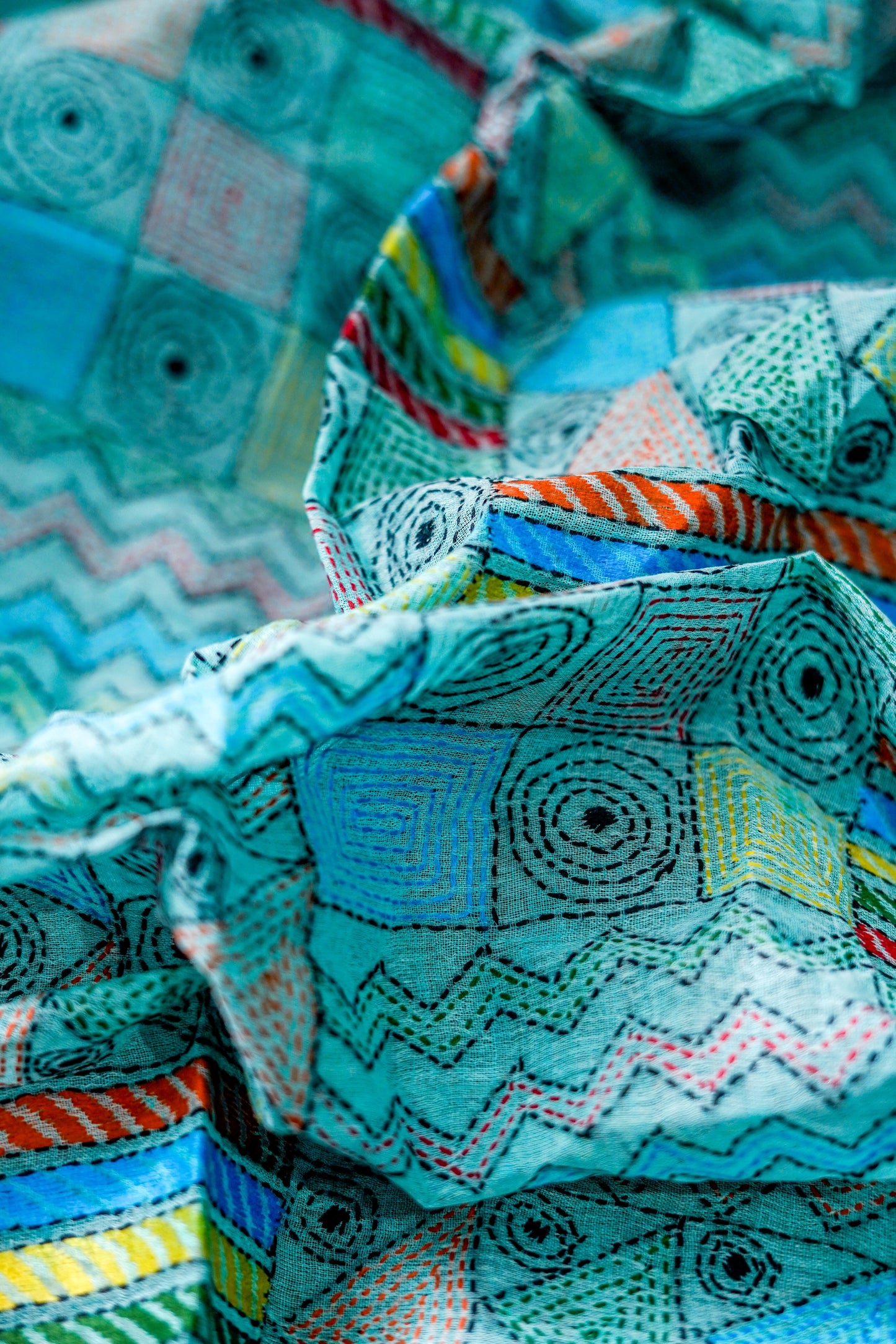 Pure Kantha Cotton (Cool Sky Blue base with multicolour thread )