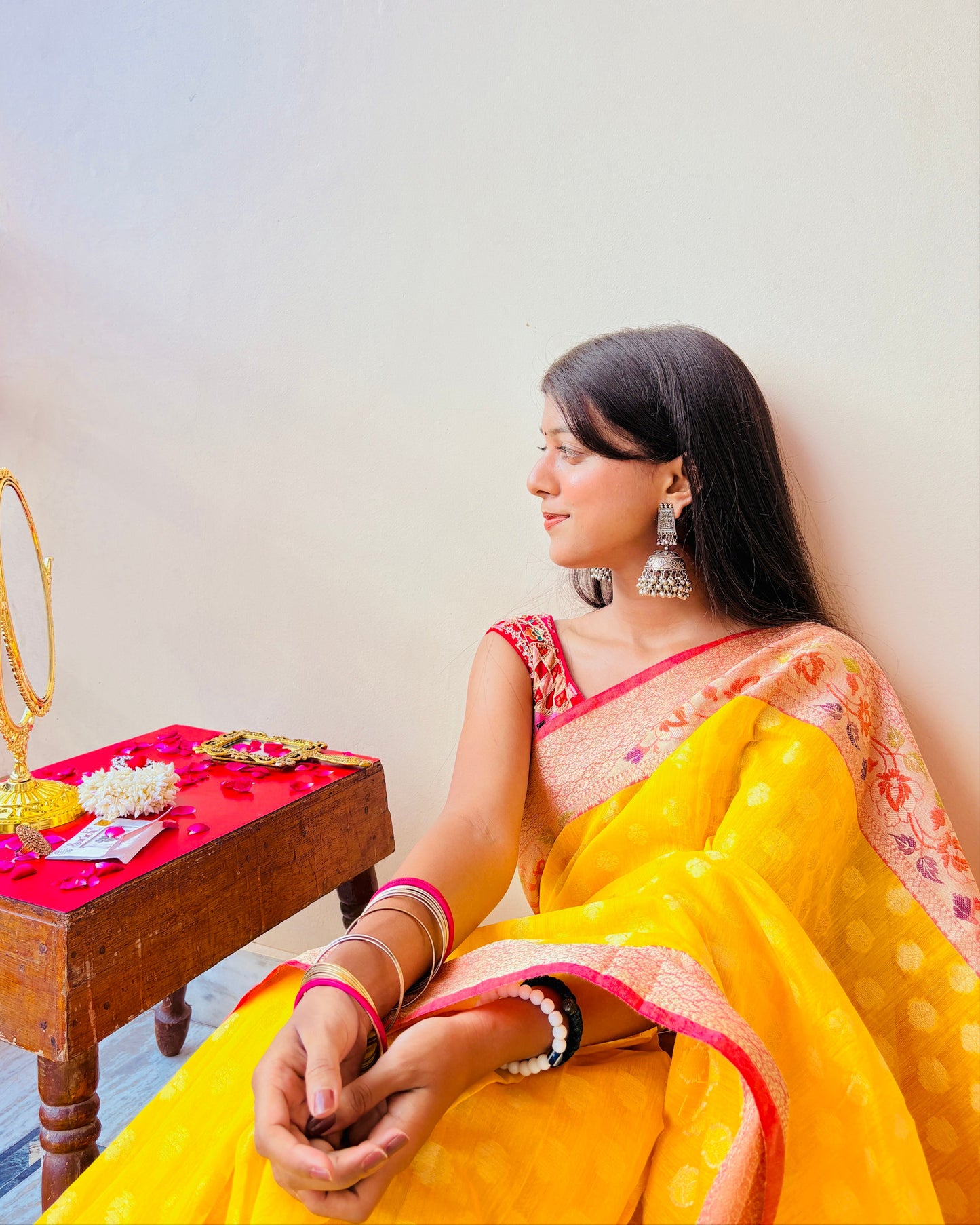 Basanti Yellow Banarsi Cotton Silk Saree – Zari round floral motif with contrast border.