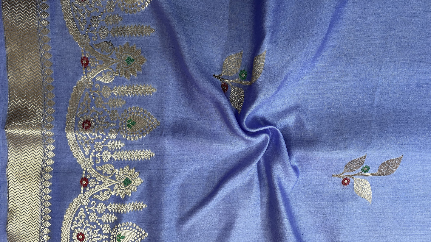 Greyish Blue Banarsi Cotton Silk Saree – Leaf Motif with Border