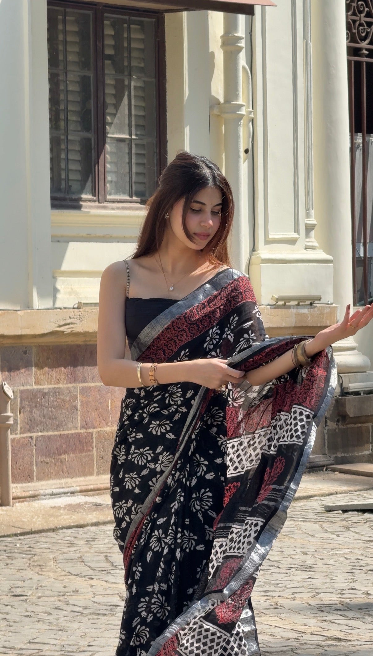 Pure Linen Cotton Hand Block Printed Saree – Black - Atulyakarigari