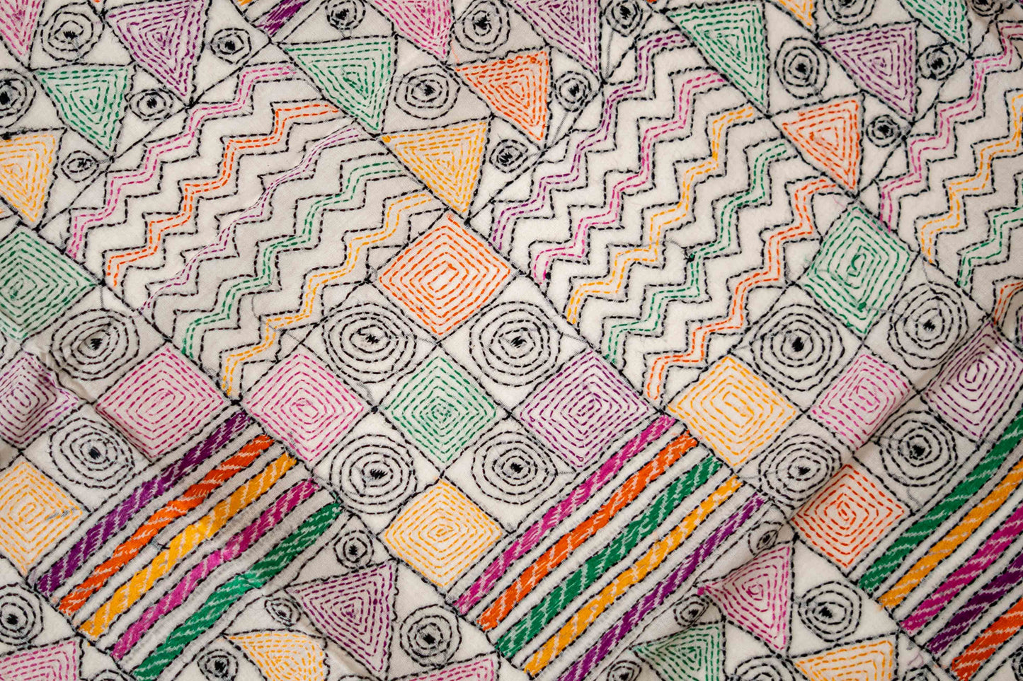 Multicoloured Pure Kantha Cotton Saree - Atulyakarigari