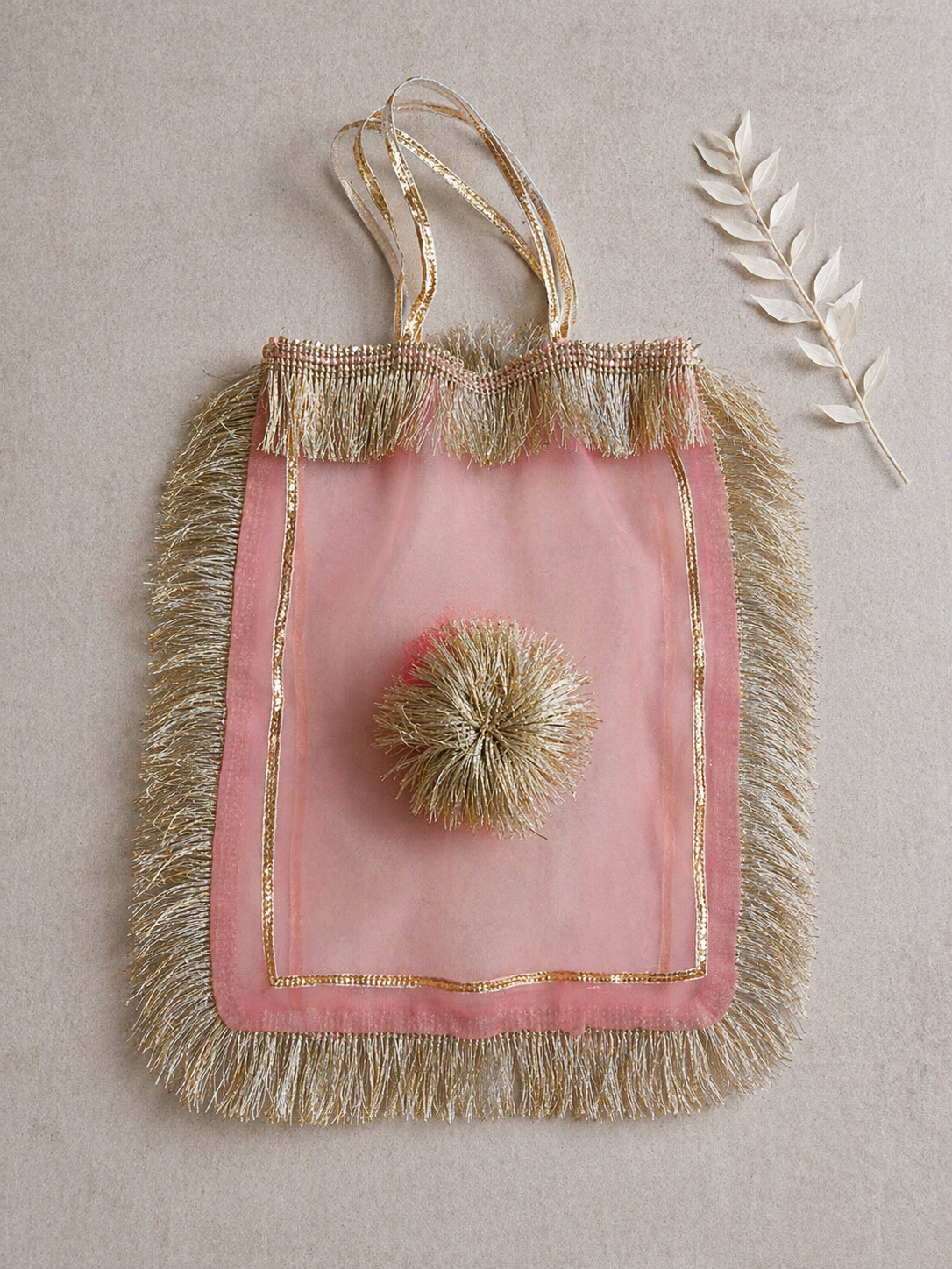 Blush Pink Organza Potli Bag with Fringe Detailing & Floral Tassel for Festive Wear