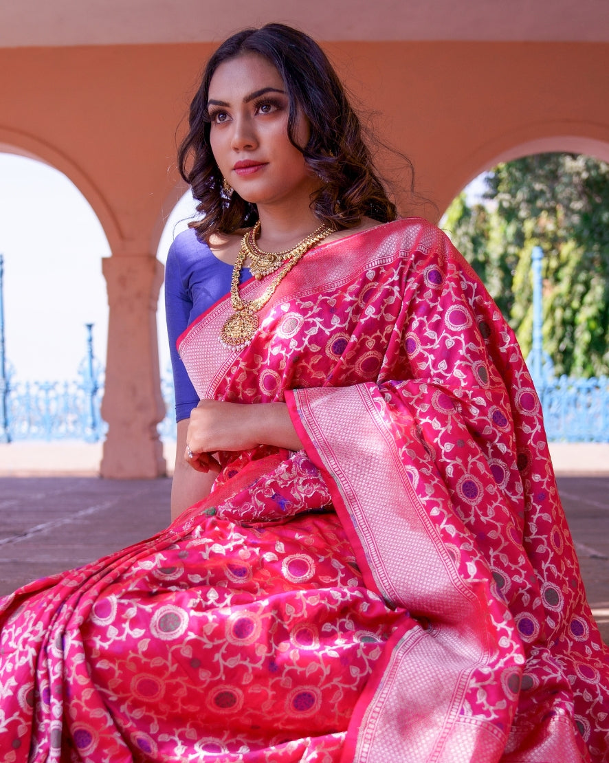 Hot Pink Banarasi Silk Saree, Jangla Work - view 3