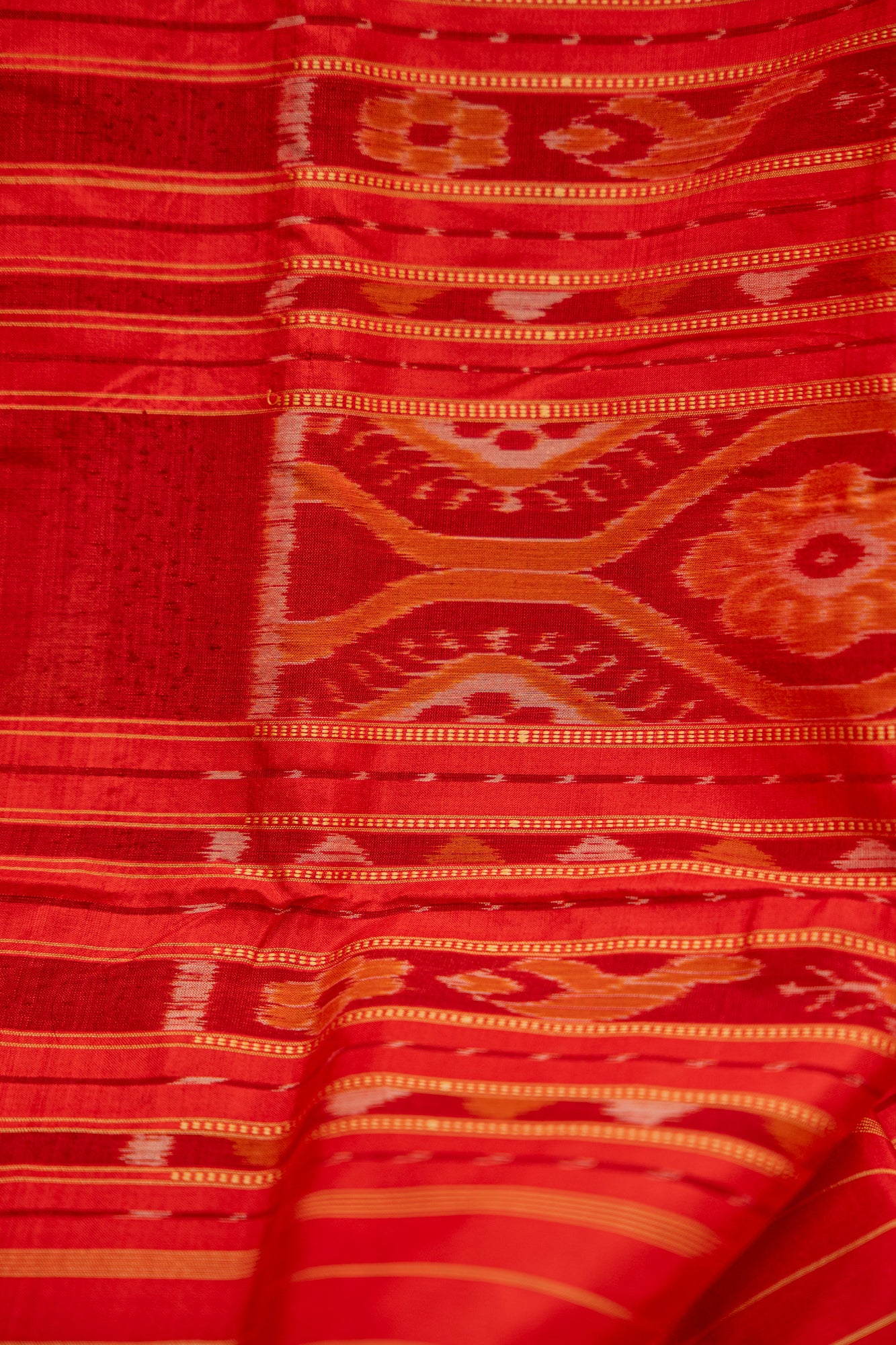 Crimson Red Khandua Silk Saree with Elephant & Deer Ikat Motifs | Odisha Handloom