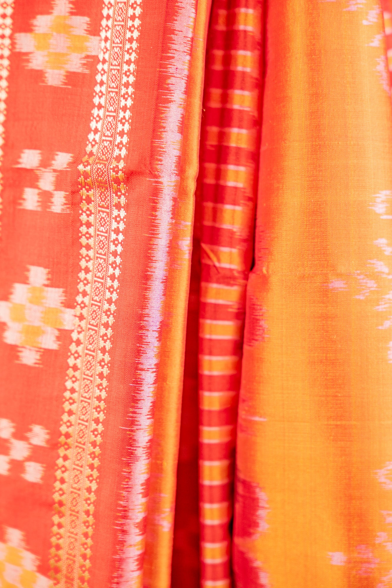 Saffron Orange Khandua Silk Saree with Padma Ikat Motifs | Odisha Handloom