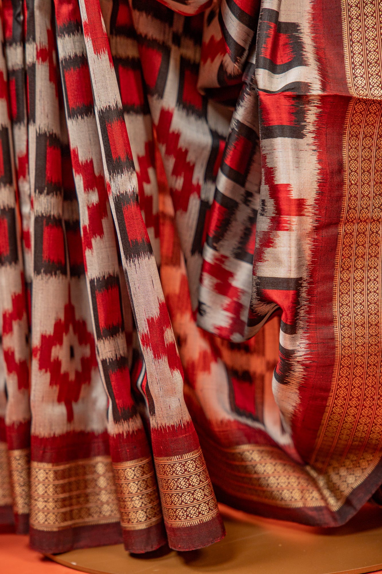Black & Silver Khandua Silk Saree with Geometric Ikat Motifs | Odisha Handloom