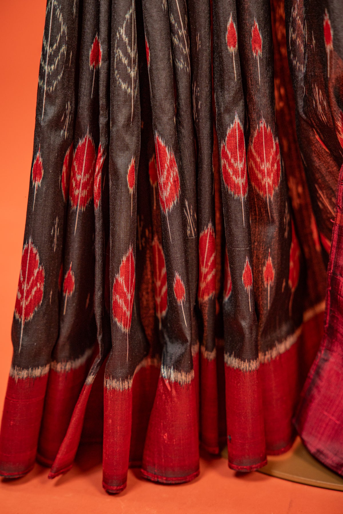 Black & Scarlet Khandua Silk Saree with Betel-Leaf Ikat Motifs | Odisha Handloom