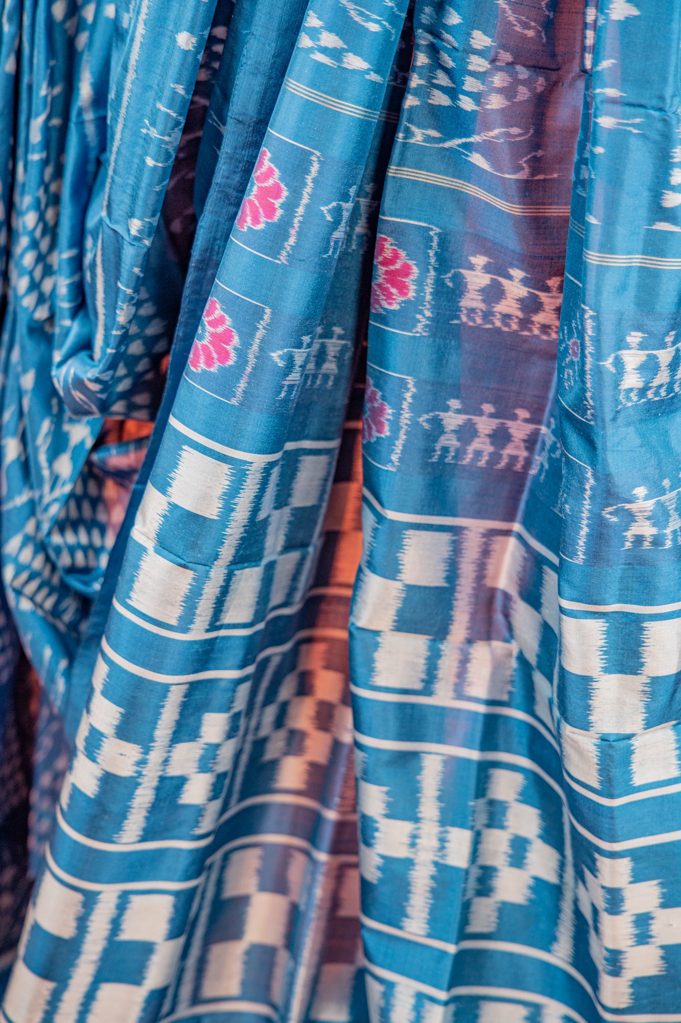 Royal Blue Khandua Silk Saree with Tribal Figurative Ikat Motifs | Odisha Handloom
