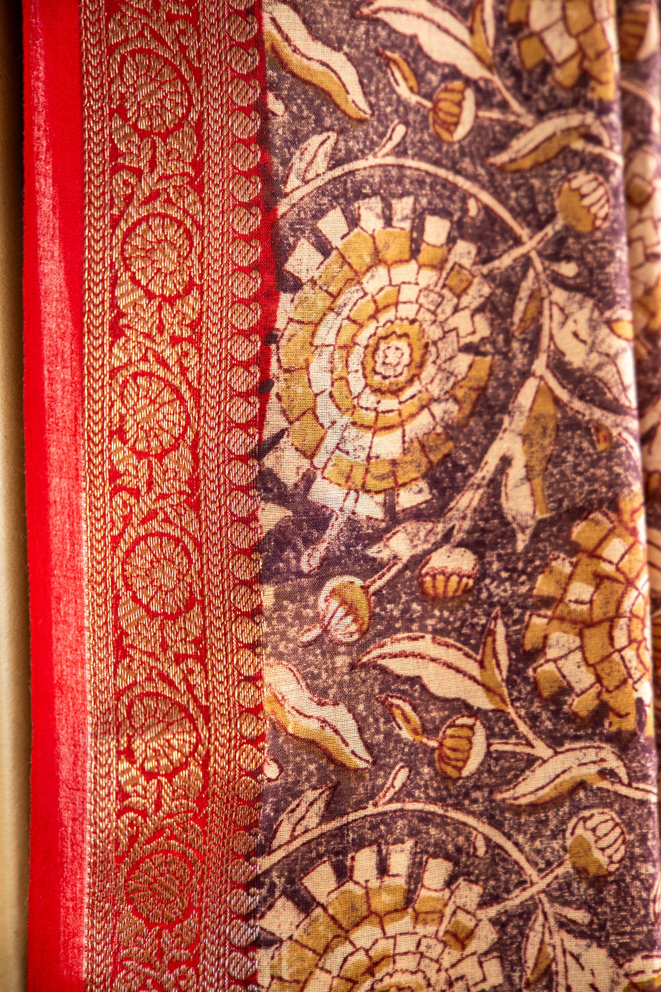 Warm Ochre Gold / Mustard base with a rich Chocolate Brown print Chanderi Silk Saree