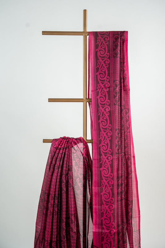 Rich Burgundy / Dark Wine base with a bright Magenta Pink contrast print Pure Silk Saree