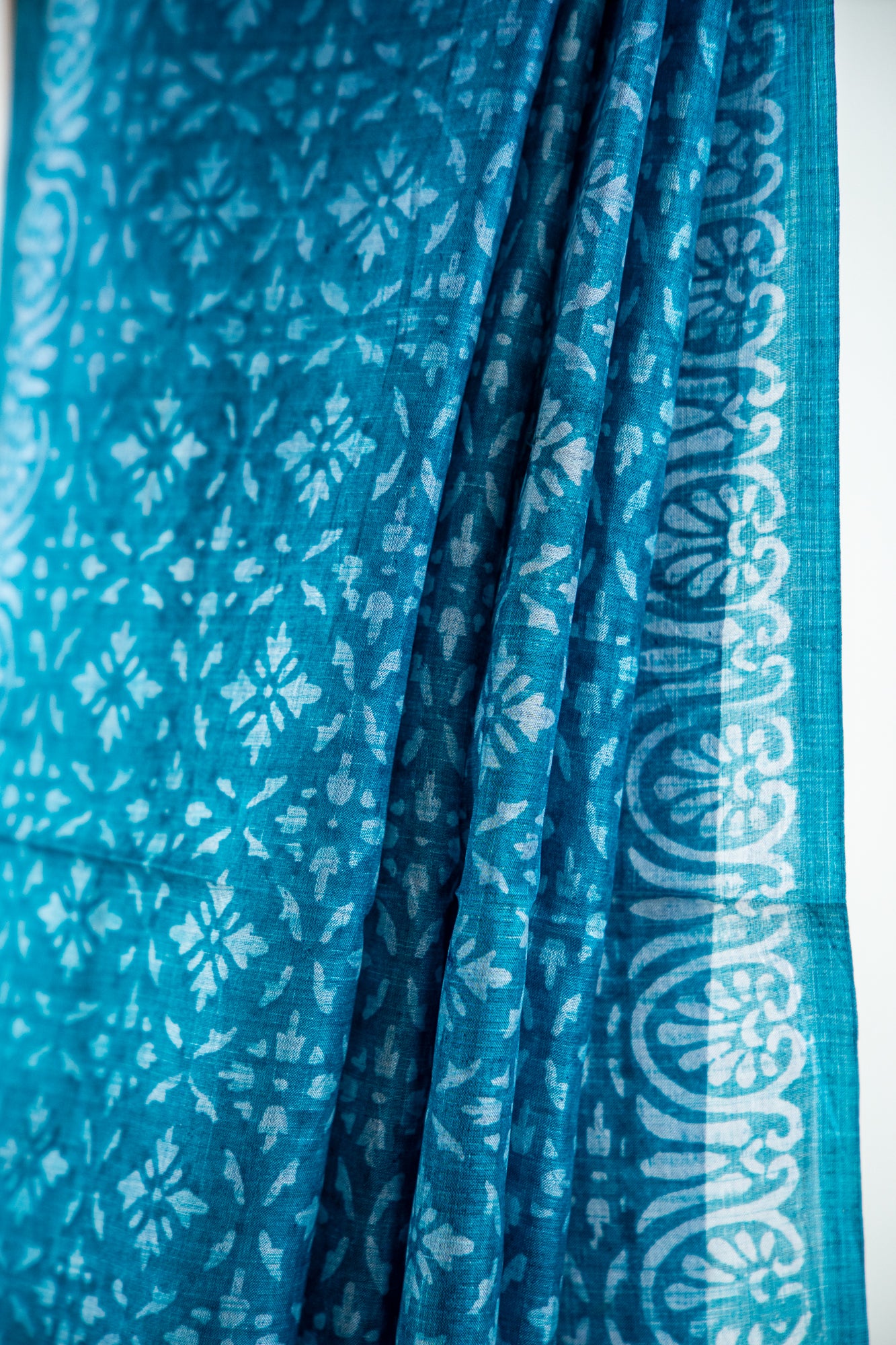 Oxidized Aqua Blue / Sea Green tone with a faded Silver-Grey block print Pure Silk Saree