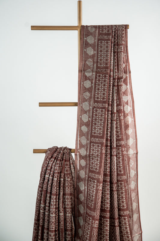 Warm Chocolate Brown / Cocoa base with textured Ash-Grey/Beige motifs Pure Silk Saree
