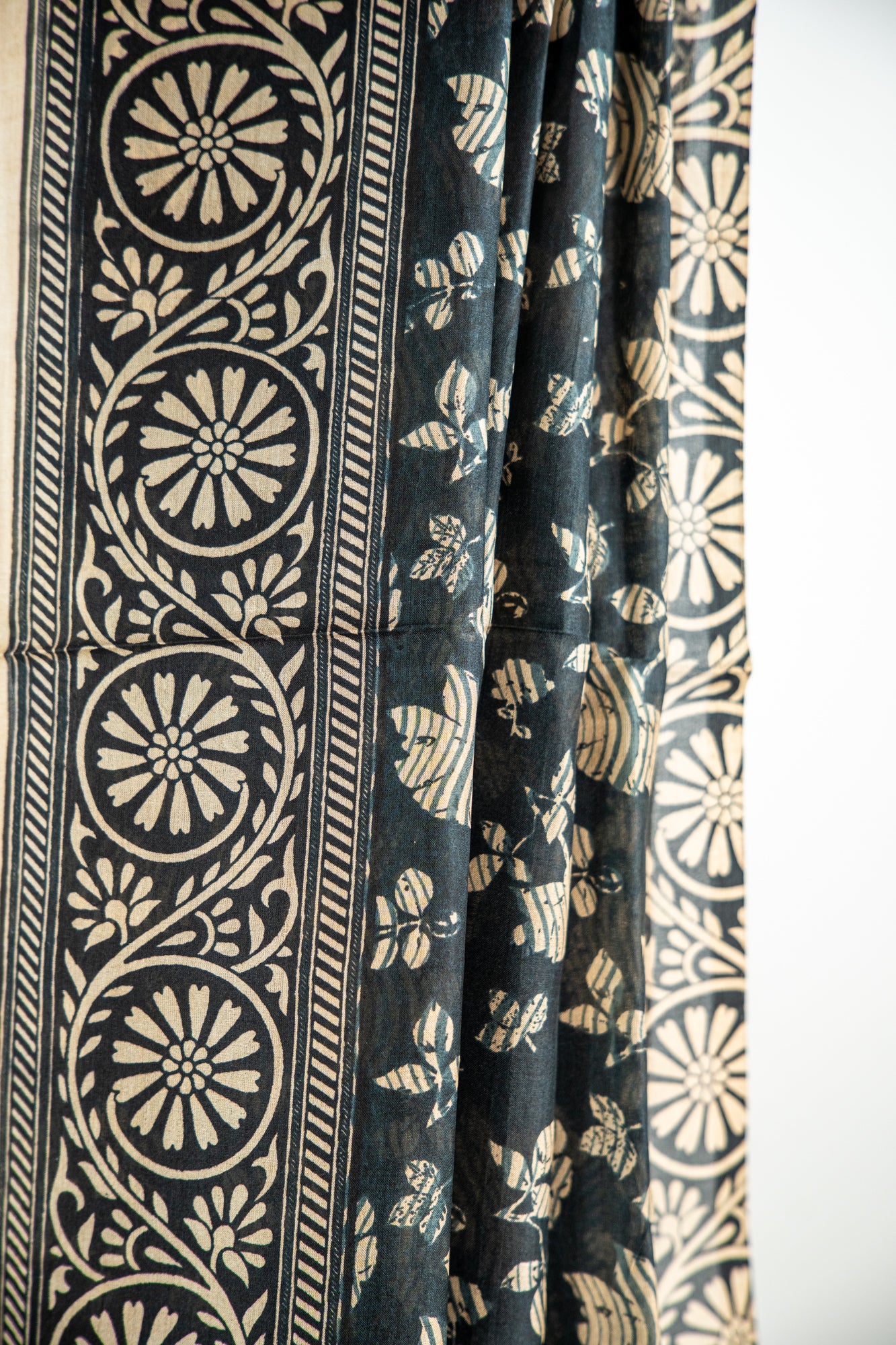 Charcoal Black base with a warm Ivory/Beige print Pure Silk Saree