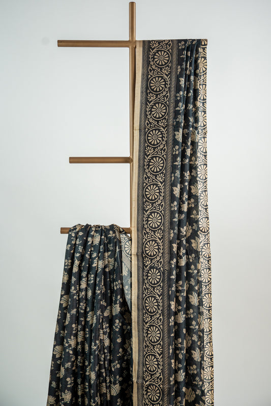 Charcoal Black base with a warm Ivory/Beige print Pure Silk Saree