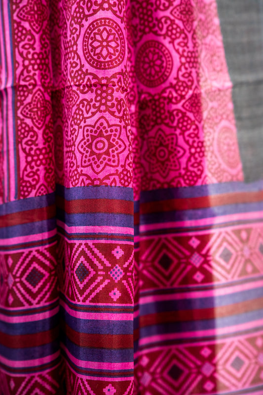 Fuchsia Pink with Deep Wine/Burgundy accents Pure Silk Saree