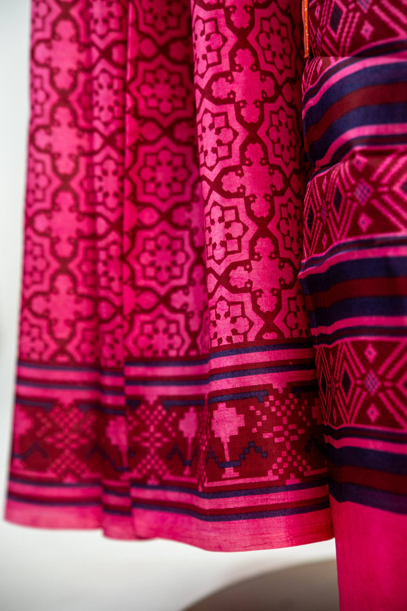 Hot Pink / Rani Pink with dark maroon contours Pure Silk Saree