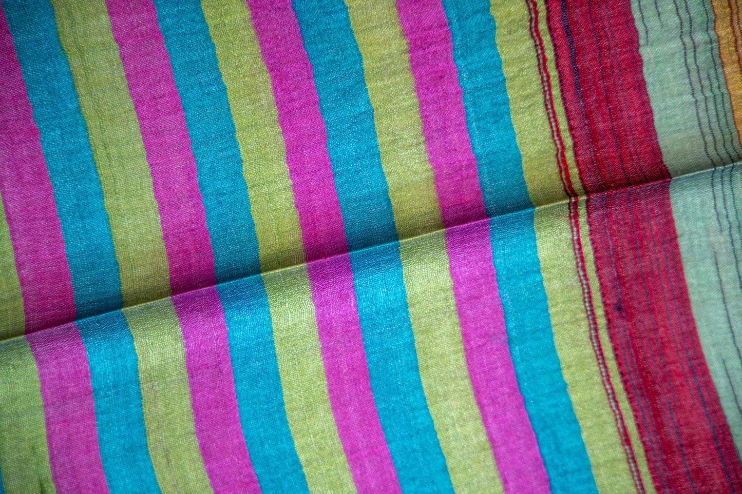 Electric Violet/Magenta, Teal Blue, and Lime/Moss Green, with a classic Earthy Gold border Tussar Silk Dupatta