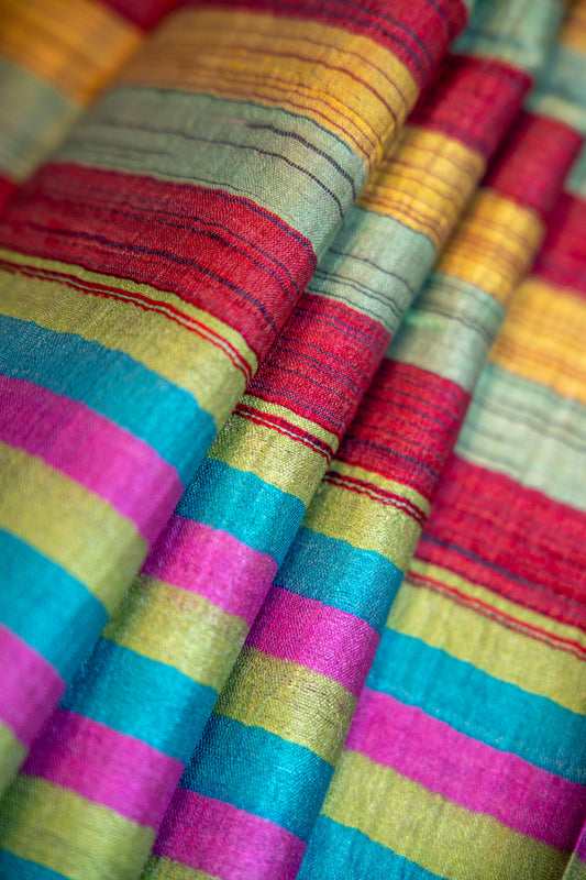 Electric Violet/Magenta, Teal Blue, and Lime/Moss Green, with a classic Earthy Gold border Tussar Silk Dupatta