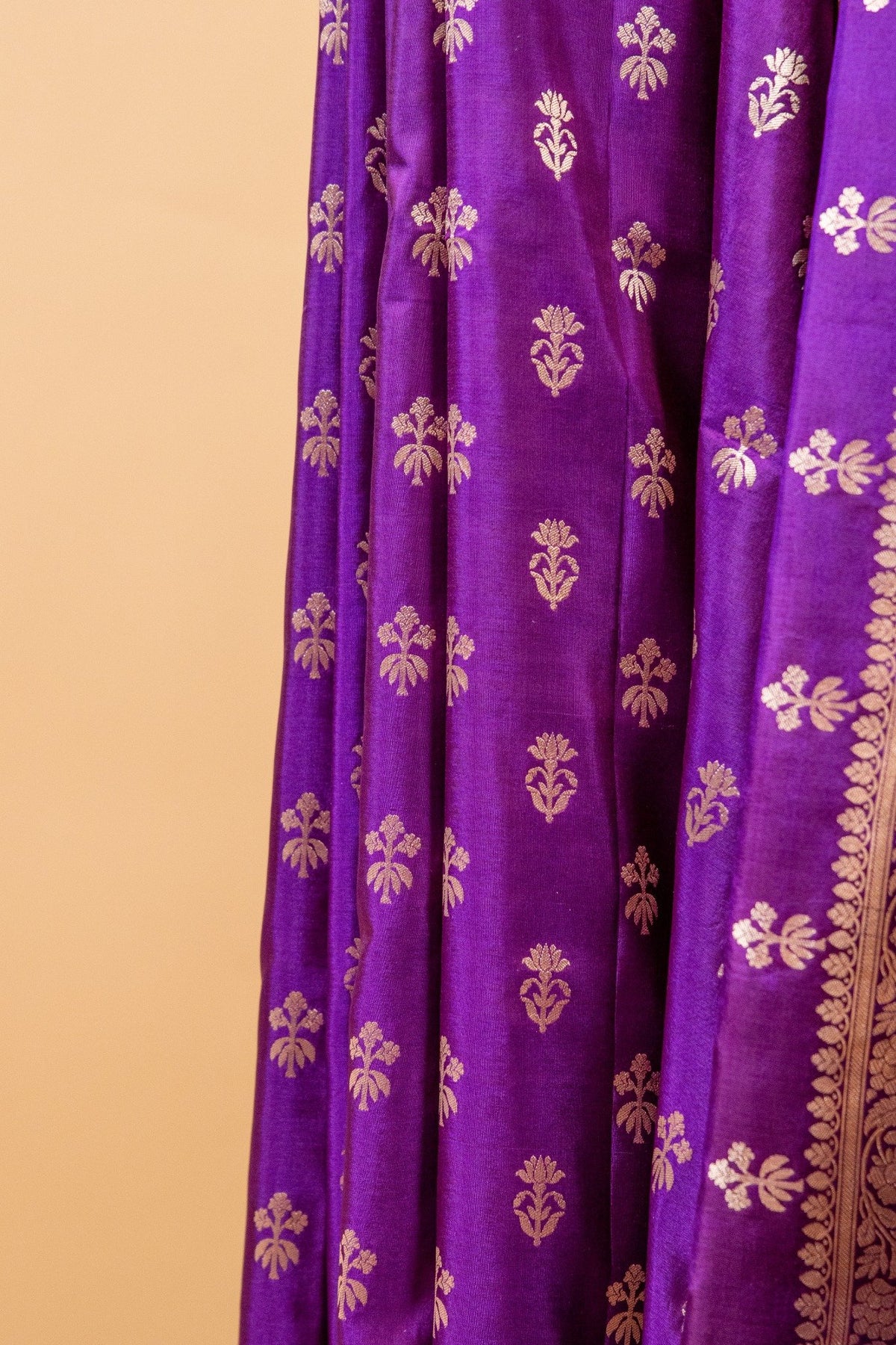Purple Pure Katan Banarasi Saree with Traditional Border & Floral Motifs - Atulyakarigari