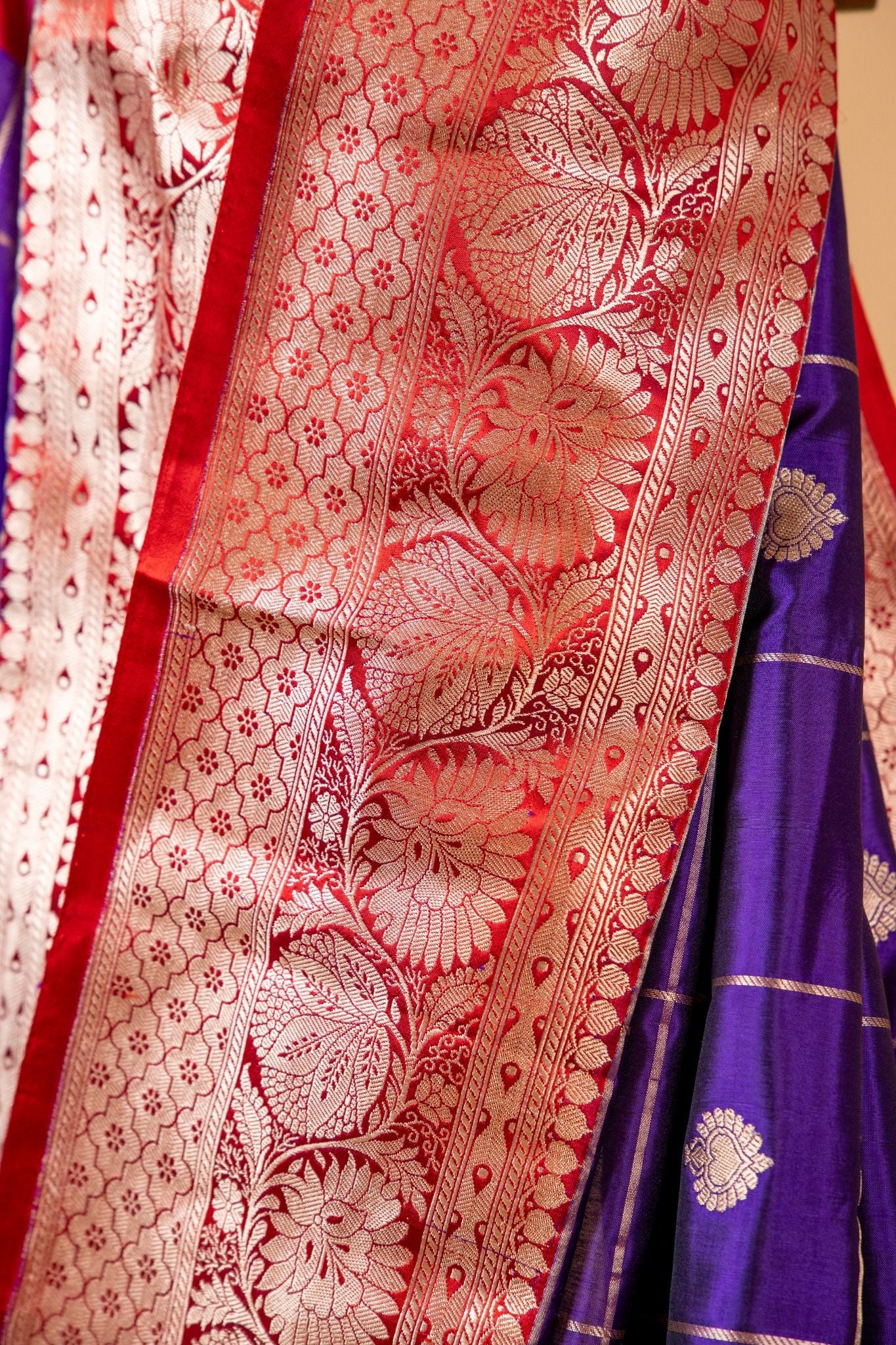 Dark Purple Banarasi Pure Katan Silk Saree with Chequered Zari Work - Atulyakarigari