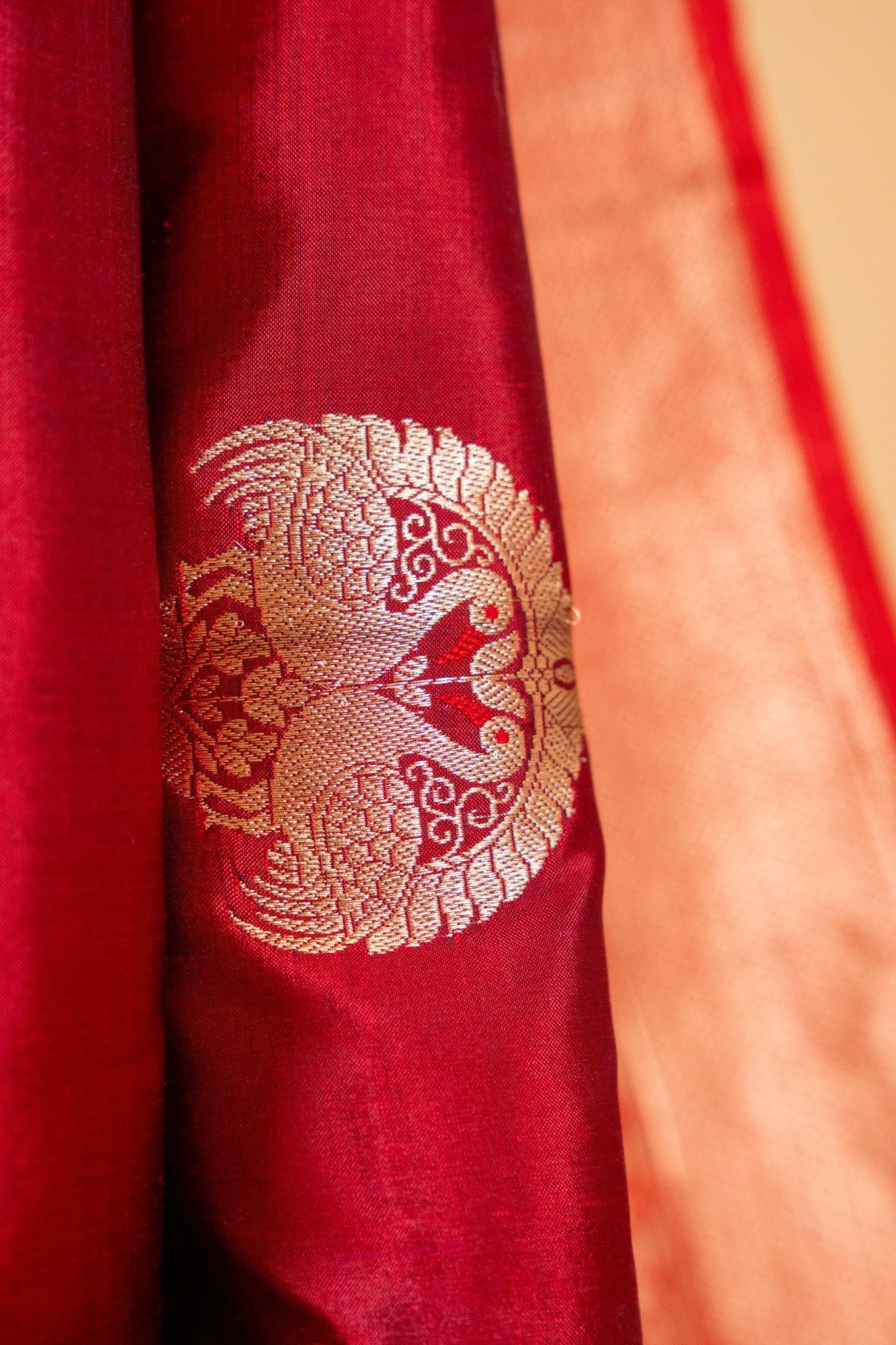Red Banarasi Katan Silk Saree with Peacock Motif & Heavy Pallu - Atulyakarigari