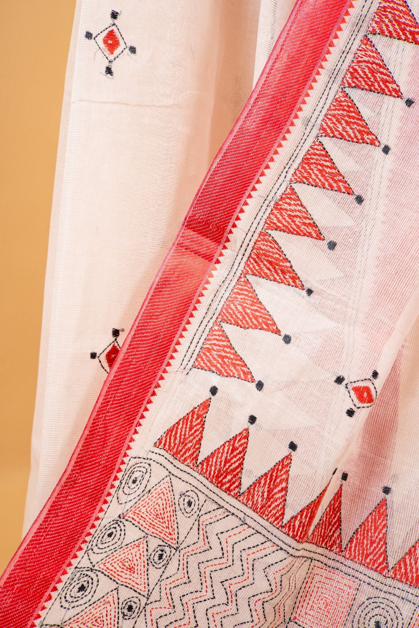 Pure Kantha Cotton Saree with Hand Embroidery and Red Border - Atulyakarigari