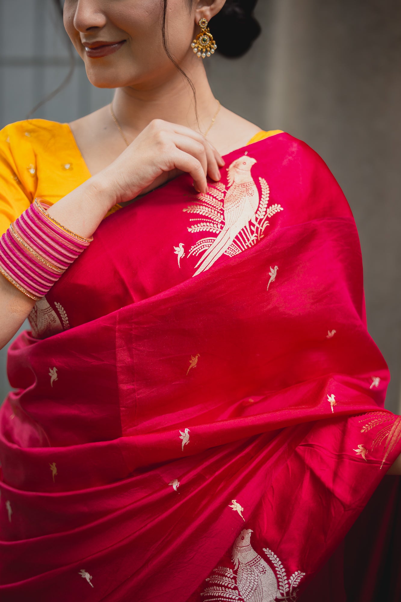 Rani Pink Banarasi Silk Saree with Parrot Motifs | Atulya Karigari