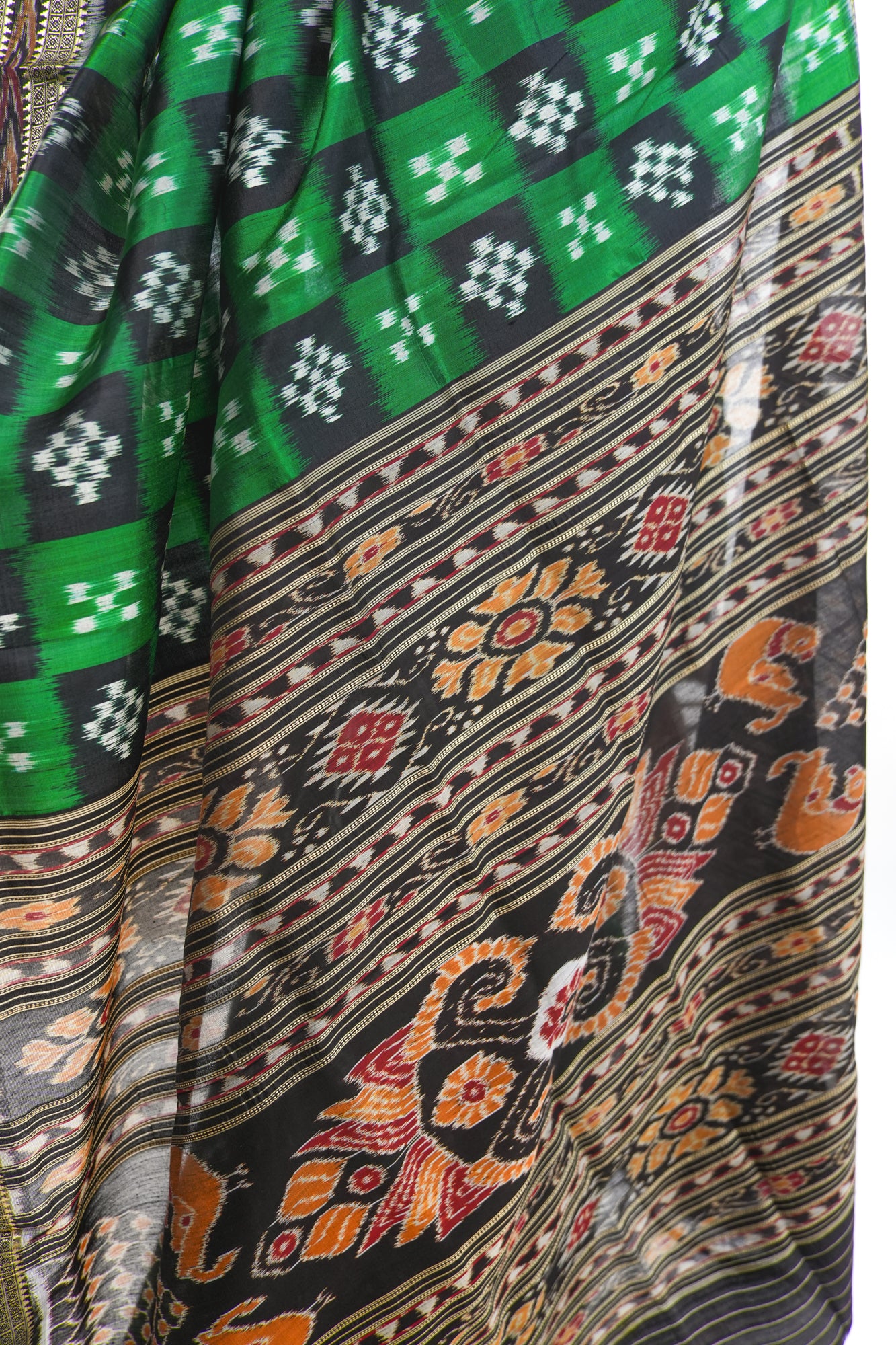 Emerald Green & Black Khandua Silk Saree with Checkerboard Ikat