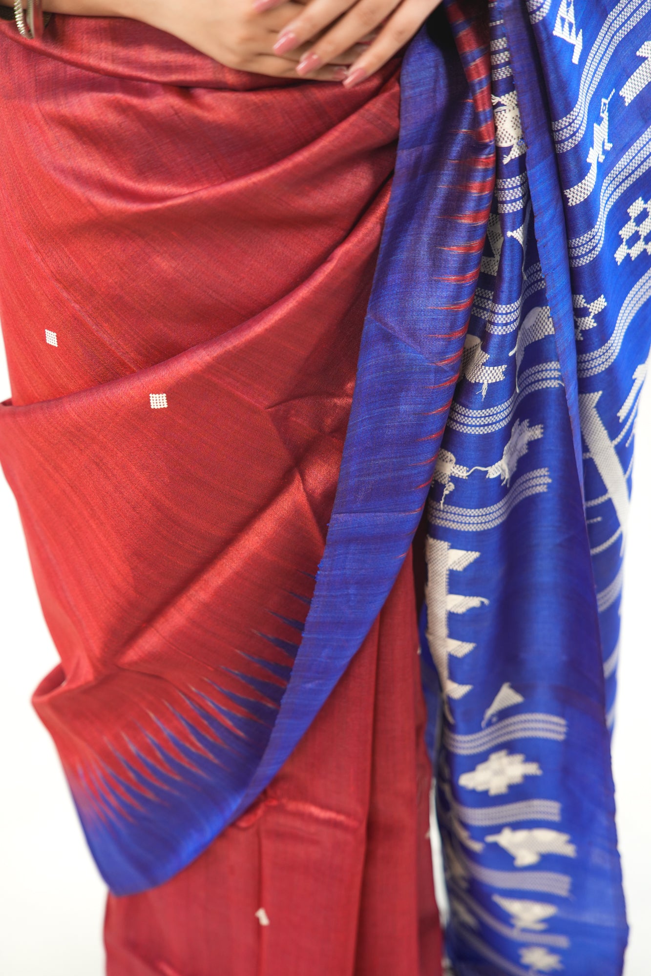 Brick Red Tussar Silk Saree with Royal Blue Temple Border