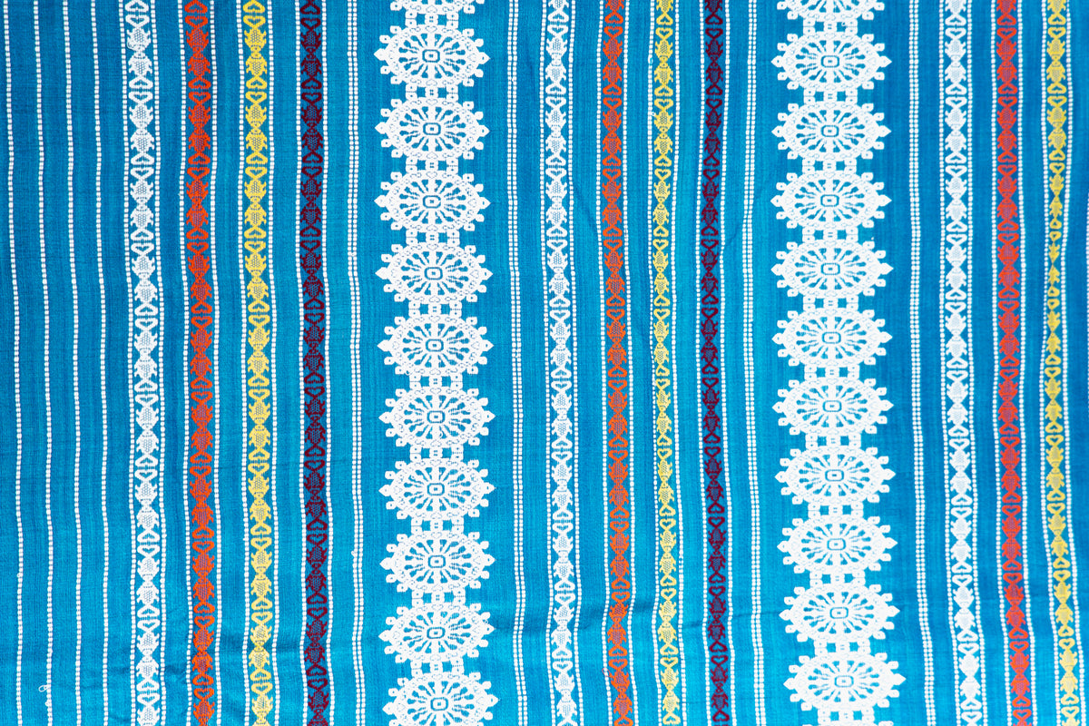Teal Blue Tussar Silk Saree with White Geometric Border