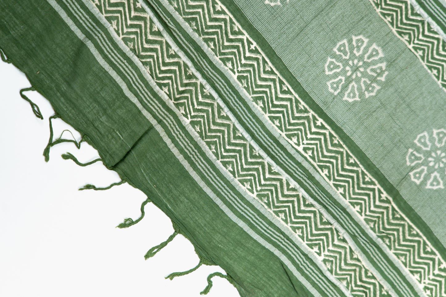 Olive Green Linen Cotton Saree with Floral Wheel Motifs & Zigzag Border
