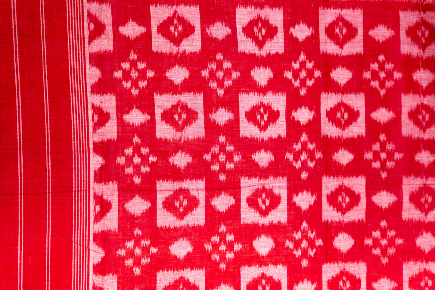 Crimson & Cream Sambalpuri Cotton Saree with Diamond Chevron Ikat