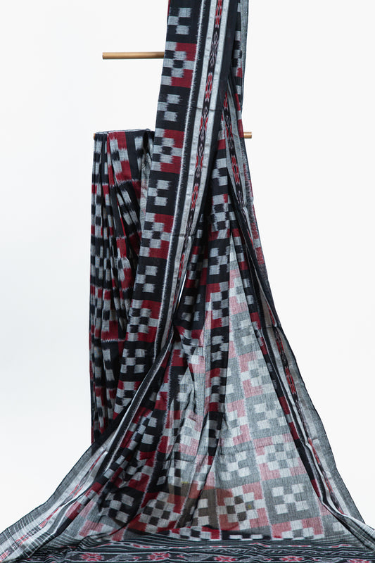 Charcoal Black Sambalpuri Cotton Saree with Fish Ikat Border