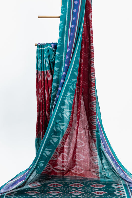 Sea Green Sambalpuri Cotton Saree with Floral Pillar Ikat