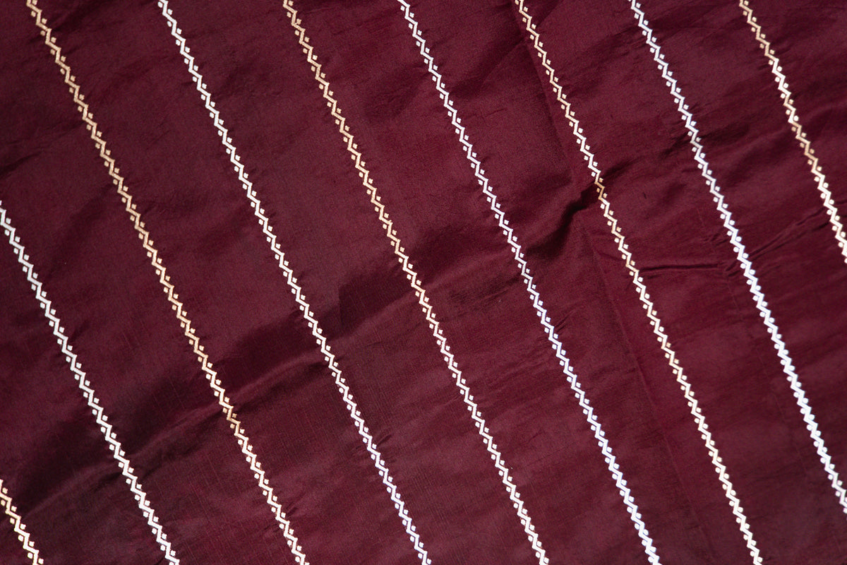 Burgundy Banarasi Silk Saree with Paired Bird Floral Border