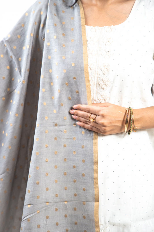 Charcoal Grey Gold Zari Booti Banarasi Moonga Silk Dupatta