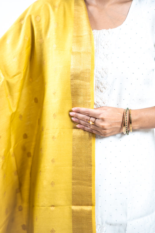 Yellow Diamond Zari Booti Banarasi Moonga Silk Dupatta