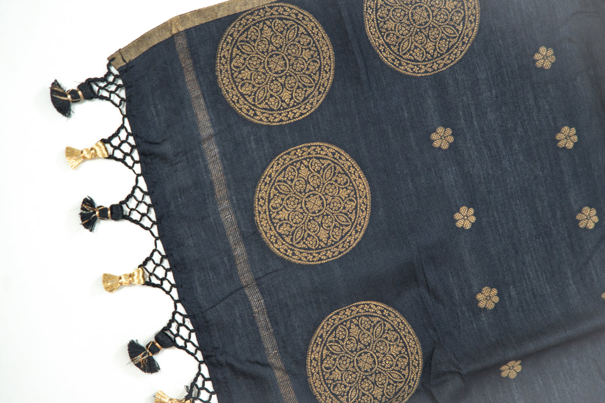 Jet Black Mandala Zari Banarasi Moonga Silk Dupatta