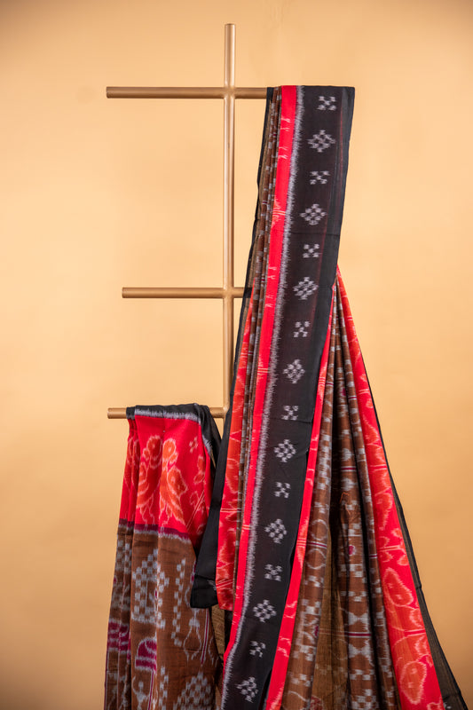 Handwoven Brown Sambalpuri Cotton Saree with Traditional Elephant Motifs