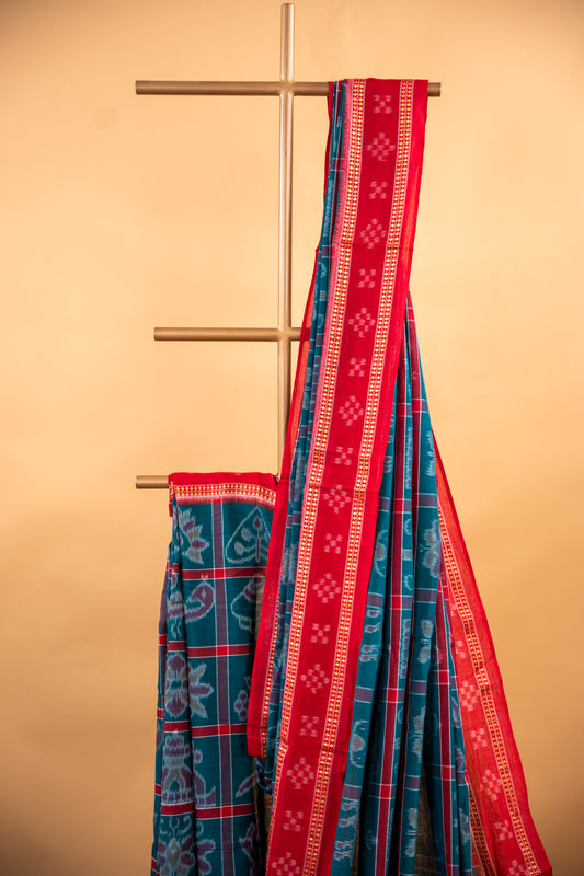 Deep Sea Green Sambalpuri Cotton Handloom Saree with Traditional Ikat Motifs | Atulyakarigari