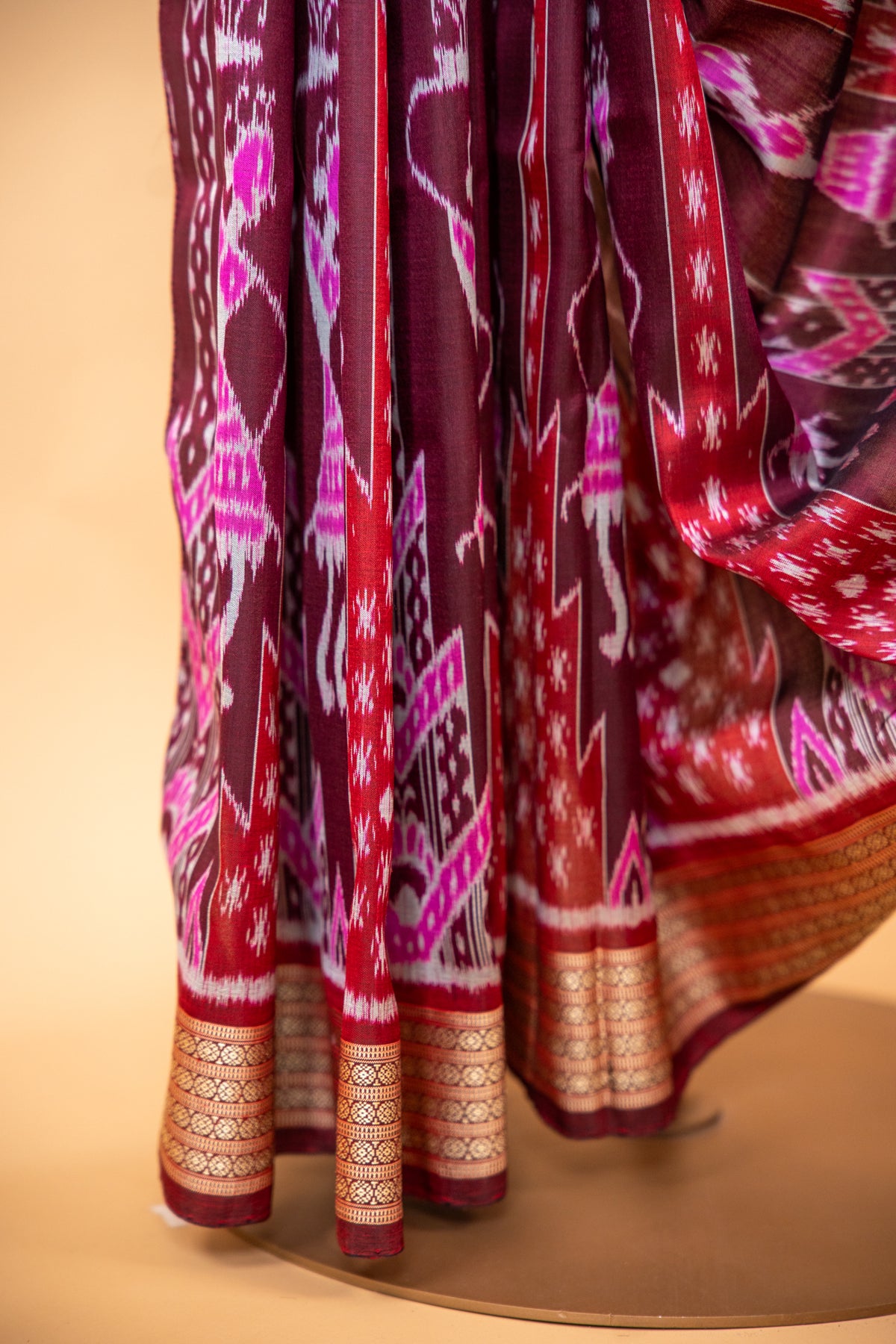 Handwoven Burgundy Khandua Silk Saree with Traditional Ikat Motifs