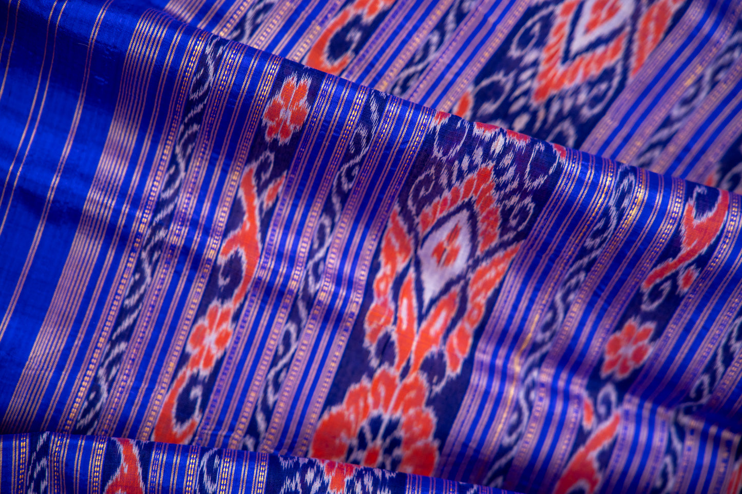 Handwoven Cobalt Blue Khandua Silk Saree with Floral Ikat Motifs & Geometric Border