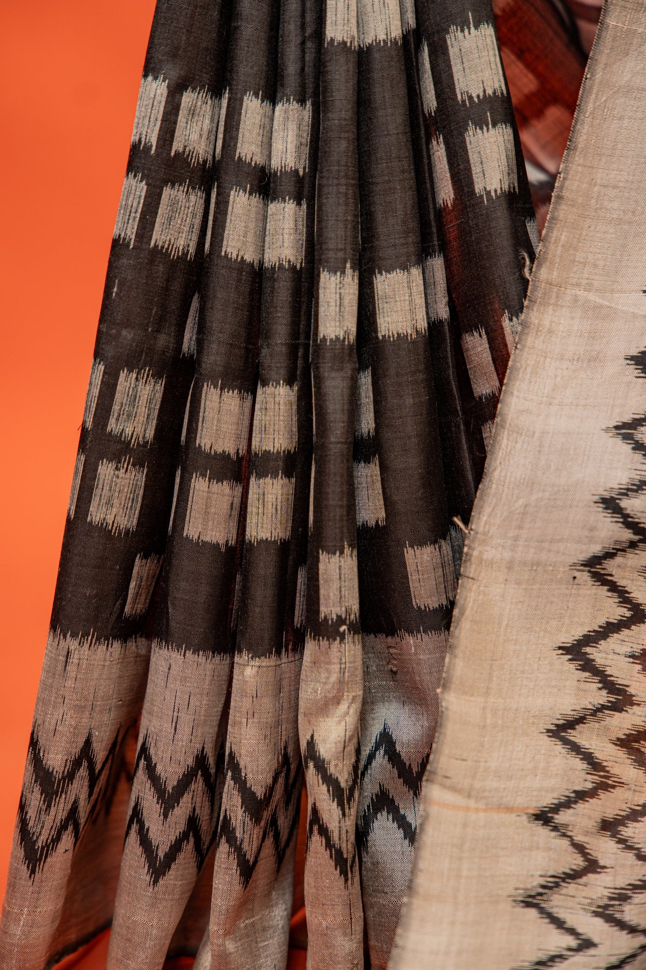 Handwoven Black & White Khandua Silk Saree with Traditional Ikat Border
