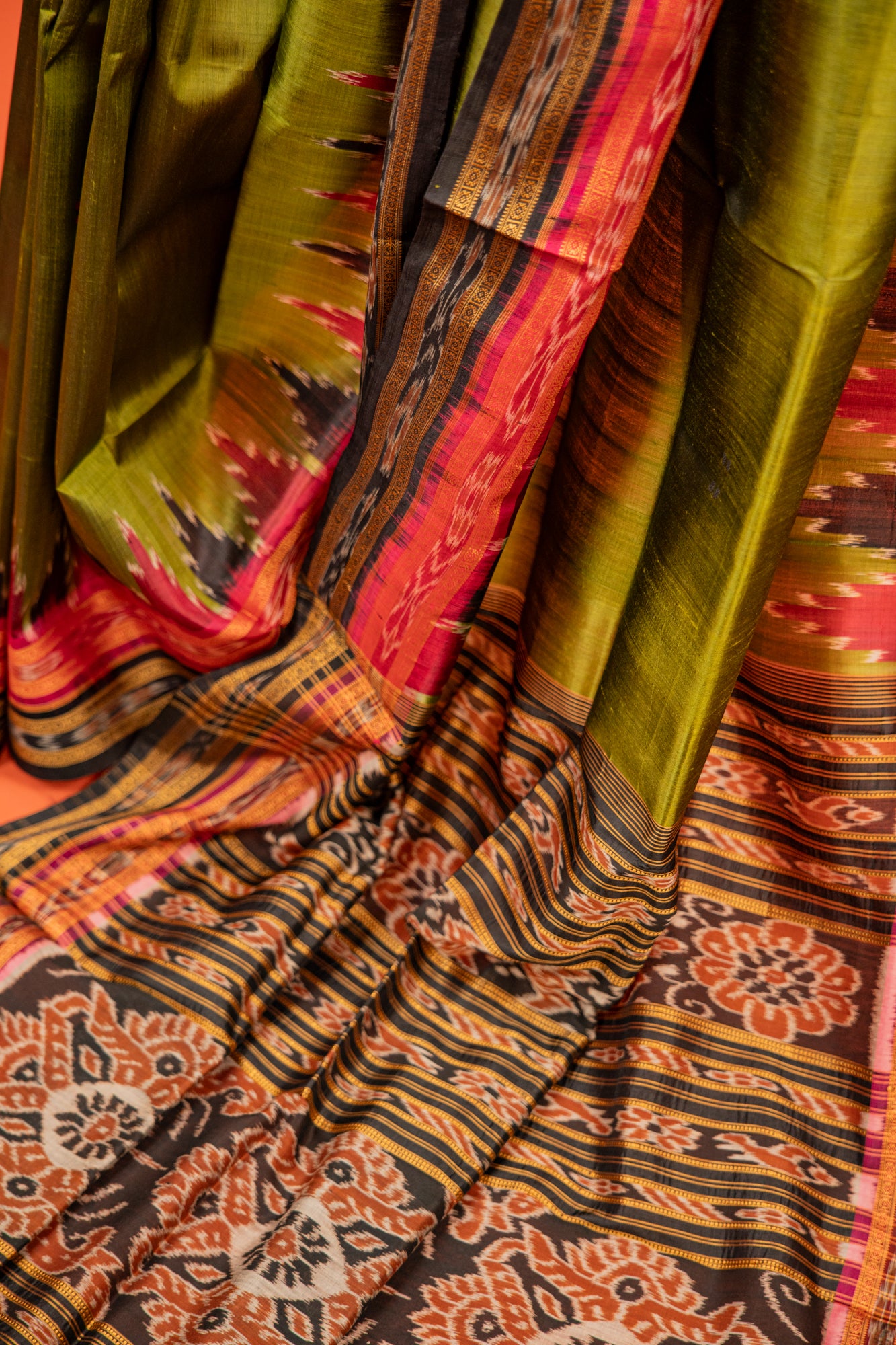 Olive Green Khandua Silk Saree with Maroon Temple Border | Handwoven Odisha Saree