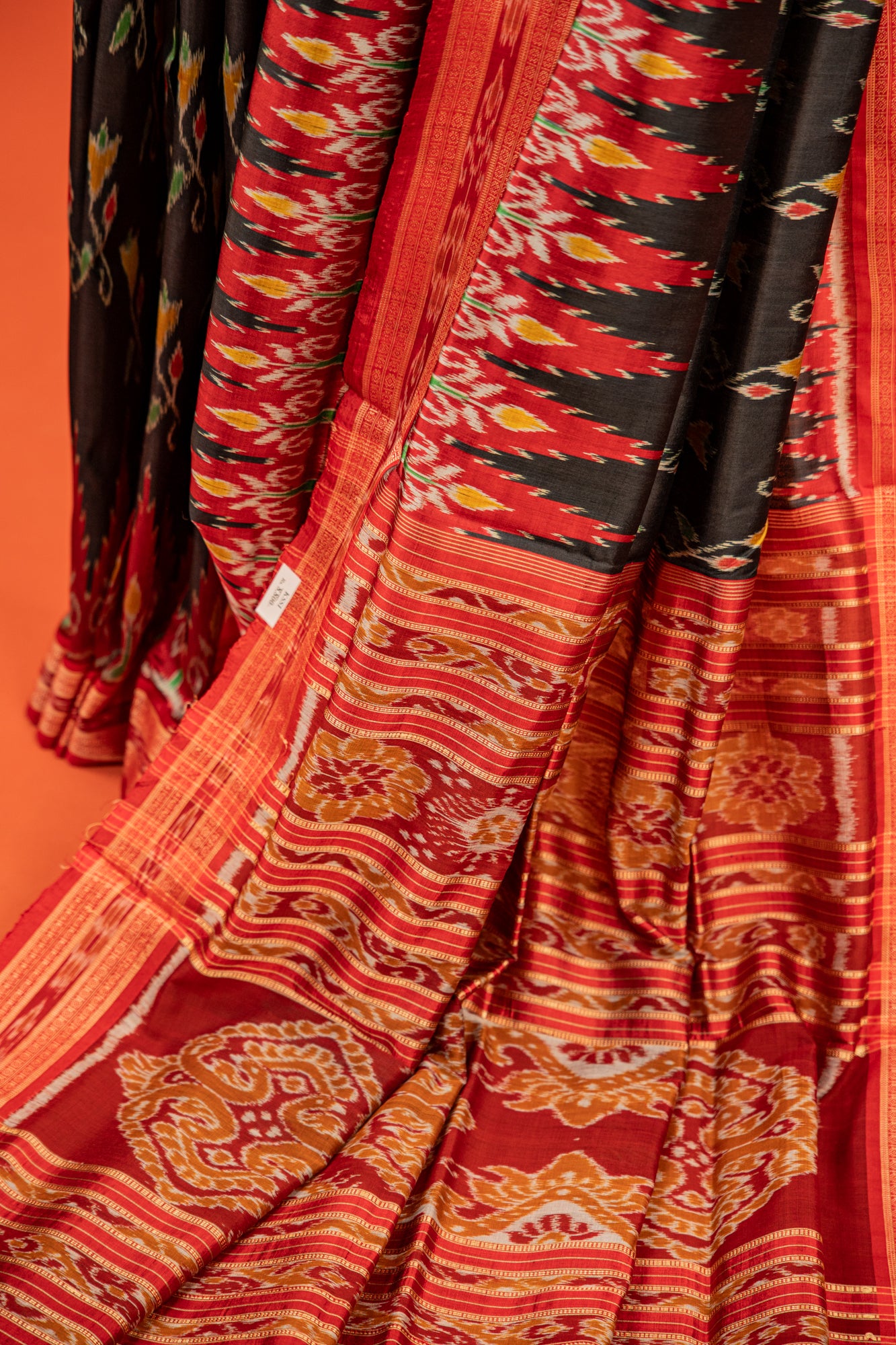 Black Khandua Silk Saree with Floral Butti Motifs & Red Temple Border | Odisha Handloom