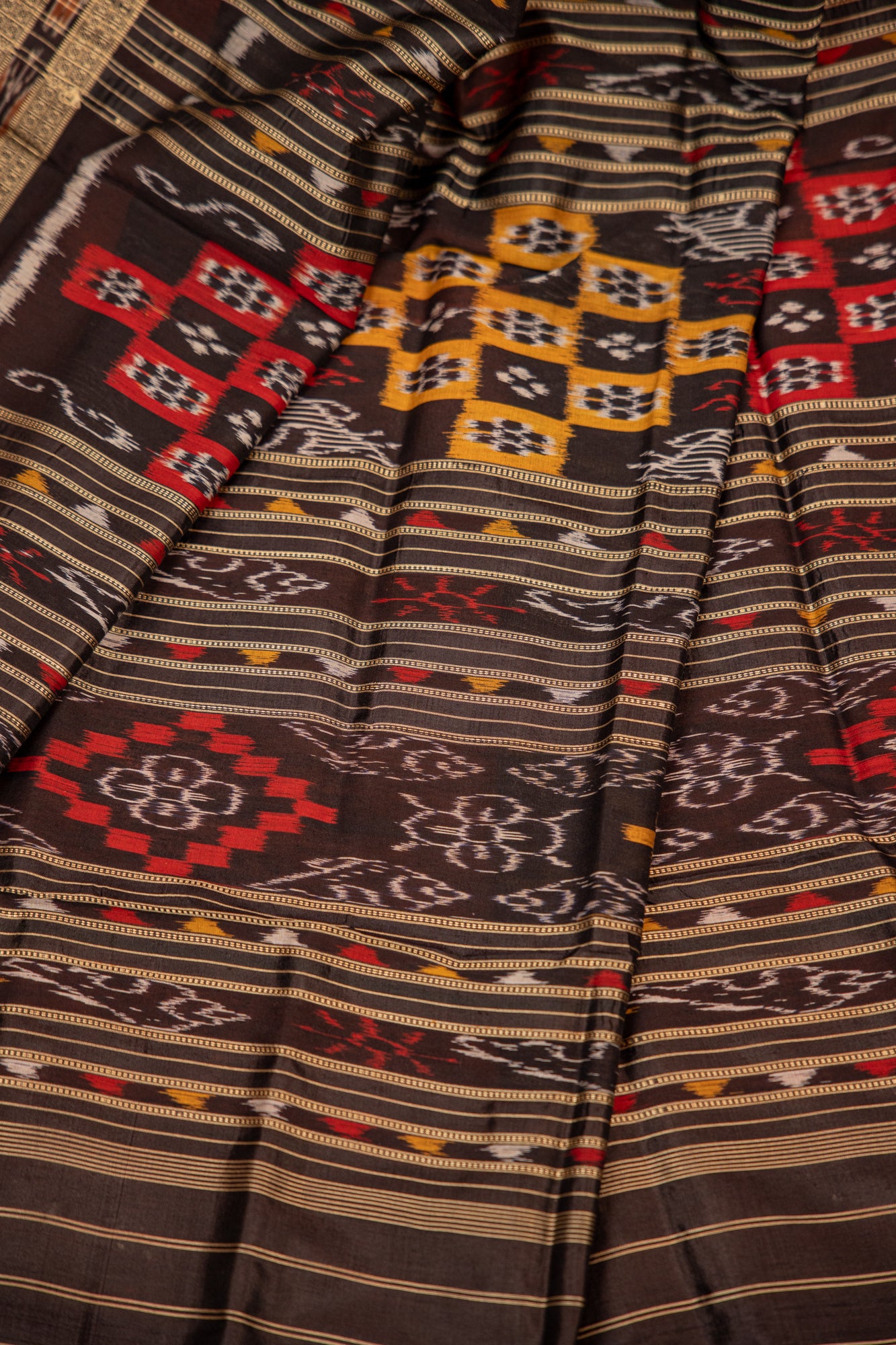 Crimson Red Khandua Silk Saree with Temple Ikat Border | Handwoven Odisha Saree