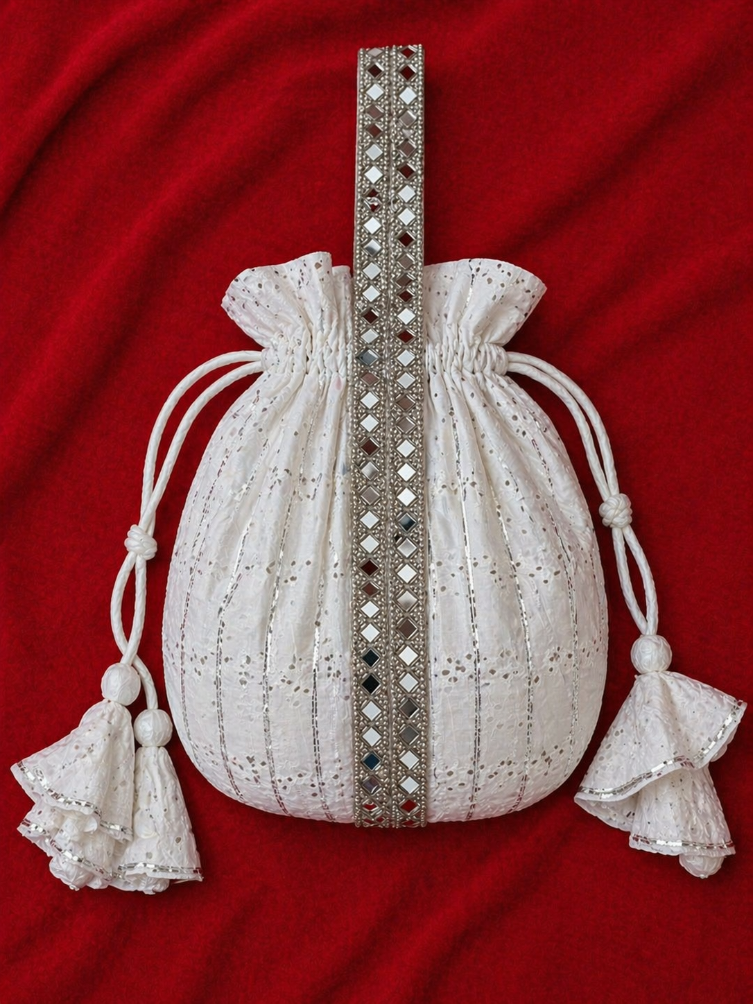 Elegant White Chikankari Cotton Potli Bag with Hand Embroidery for Festive & Ethnic Wear